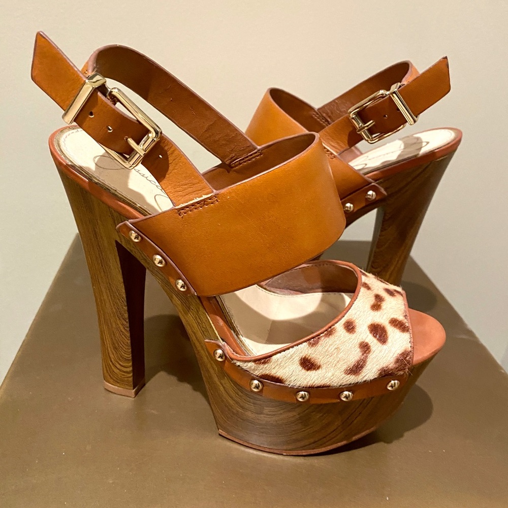 Jessica Simpson leather pony hair tan and brown mules! Only worn 3 times.